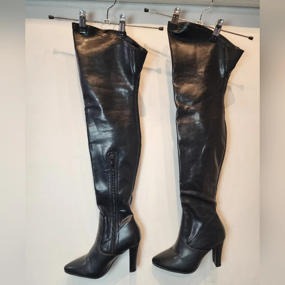 Black New Over the Knee Stiletto Boots Vegan Zip Design Size 37 EU / 6.5 US‎
